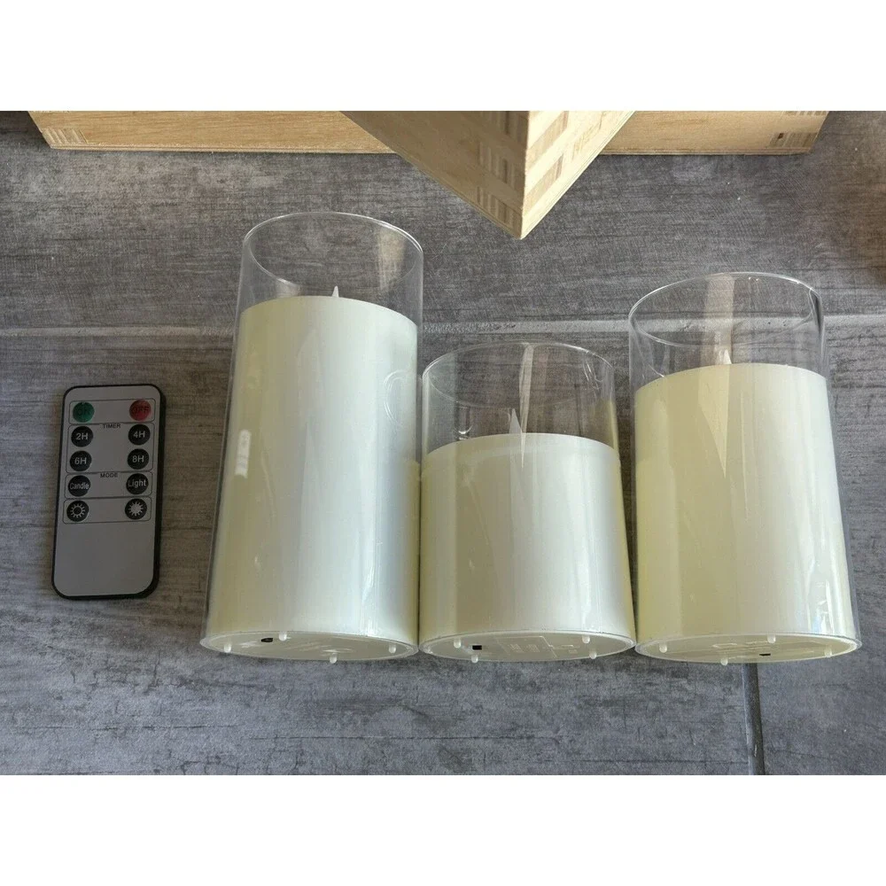 Set of 3 Acrylic Battery LED Flameless Flicker Candles Remote Timer Ivory Pillar